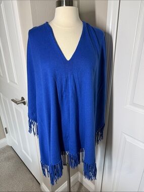 Caroline Grace cotton cashmere blend royal blue fringe pullover poncho